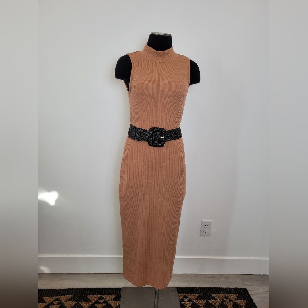 NEW Vero Moda High Neck Bodycon Dress Ribknit Mocha Mousse Tan Taupe Midi Small